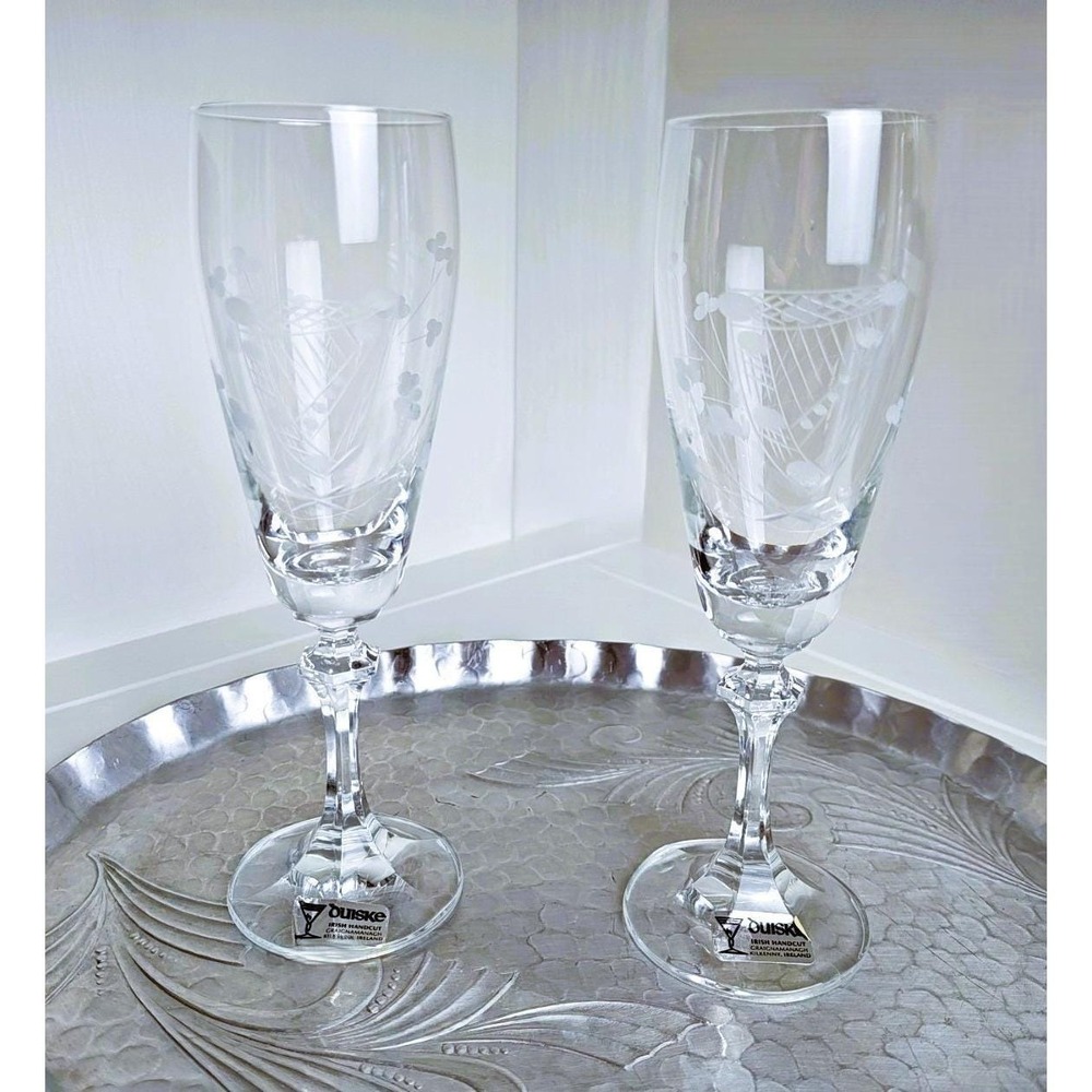 Aine Duiske Irish Hand Etched Harp and Floral Champagne Flutes, Set of 4-Ireland